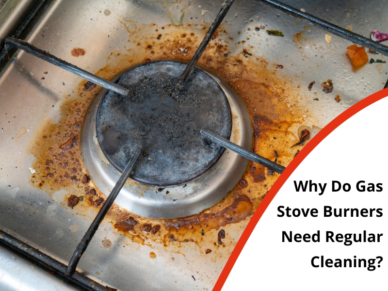 Dirty gas stove burner with stains and residue, demonstrating why cleaning gas stove burners is essential for maintenance.