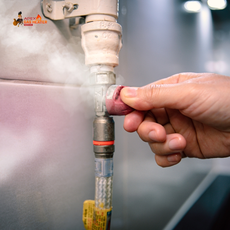 Gas leak detection technician tightening a steaming gas pipe with protective gloves indoors.