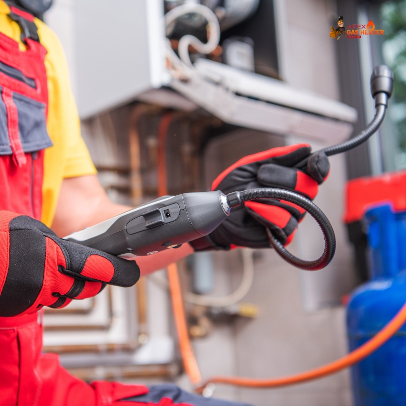 Gas leak detection expert holding electronic sensor device during equipment inspection.