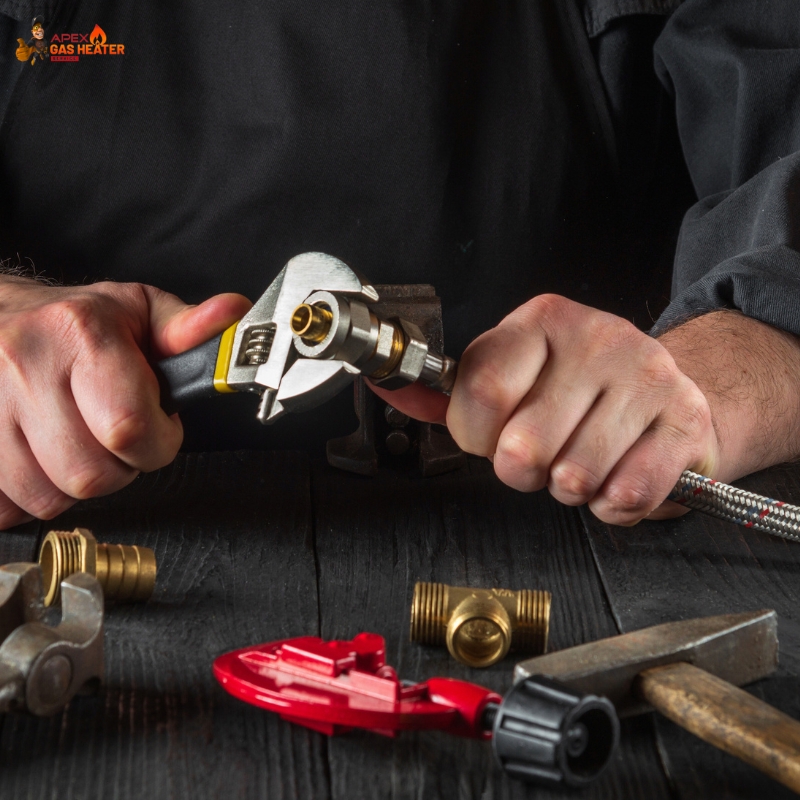 Gas Fitter in Sydney using wrench to tighten gas pipe fitting on workbench with plumbing tools