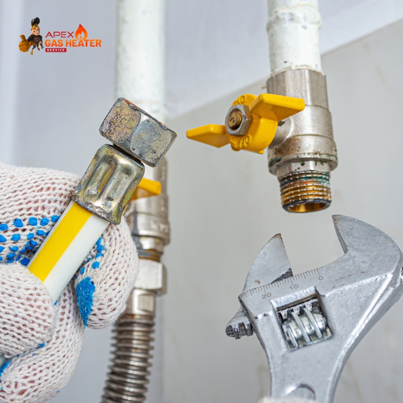 Close-up of tools and pipe fittings during natural gas installation with flexible hose and yellow valve connectors.