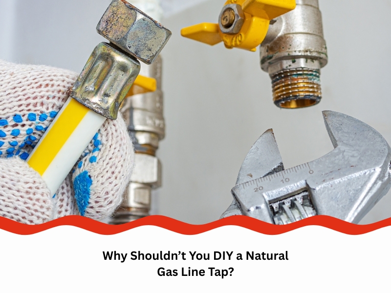 Gloved hand connecting a natural gas line tap with a wrench and yellow valve.