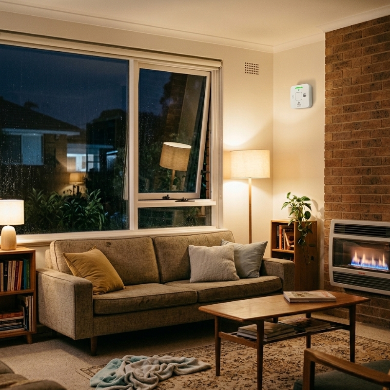 Sydney family living room using a gas heater safely with ventilation and a carbon monoxide alarm.