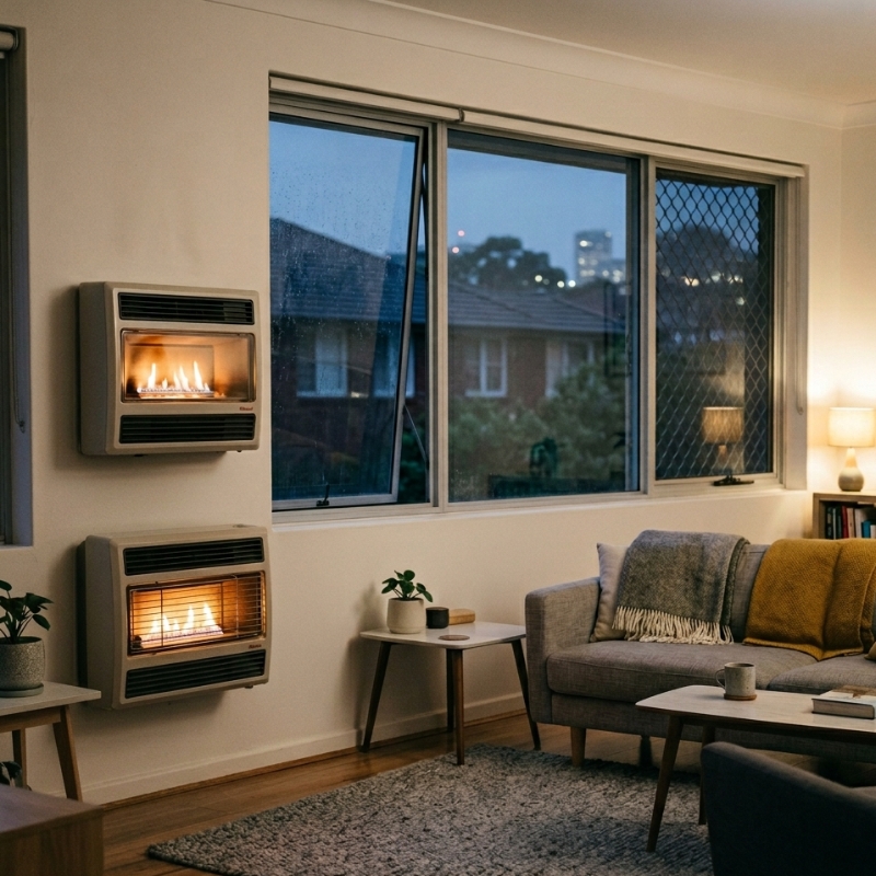 Sydney homeowner noticing an unusual smell from a gas heater while ventilating the room safely