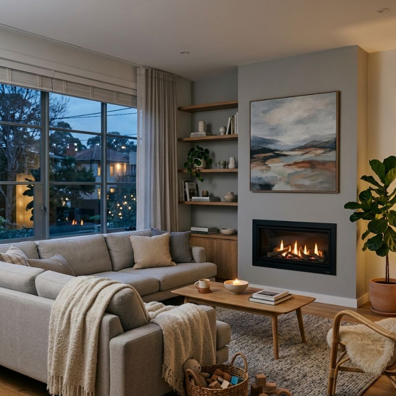 Gas heater in a Sydney living room, representing safe winter heating and regular servicing