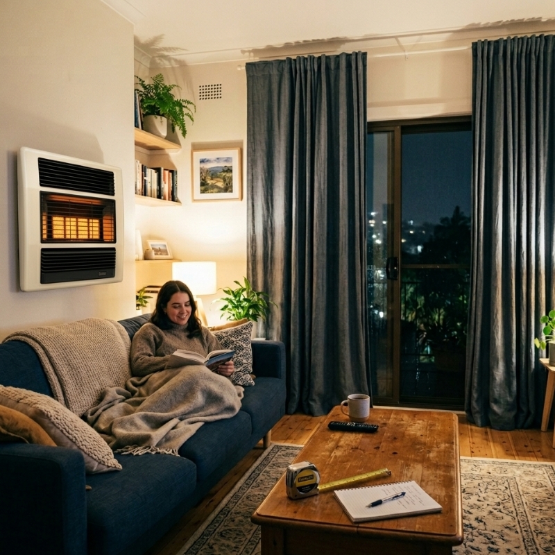 Measuring a Sydney living room to calculate the right gas heater size based on room dimensions and ceiling height