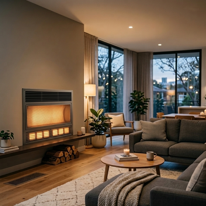 Wall-mounted gas heater in a Sydney home with floor vent, representing common heater noises like rattling or whistling.