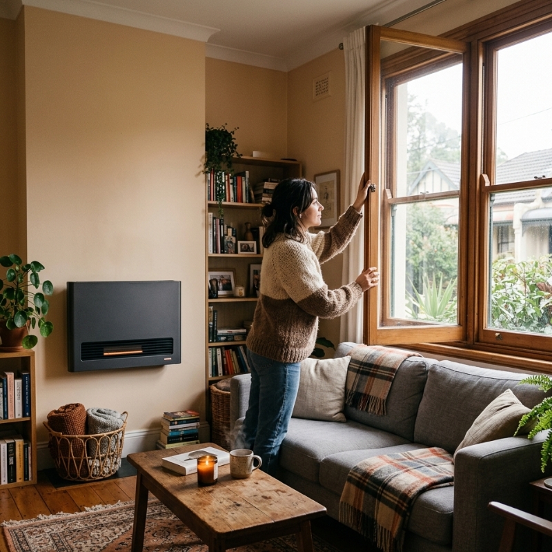 Sydney homeowner ventilating a room while checking home heater safety before winter