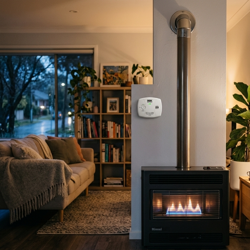 Family checks carbon monoxide alarm near gas heater in Sydney home