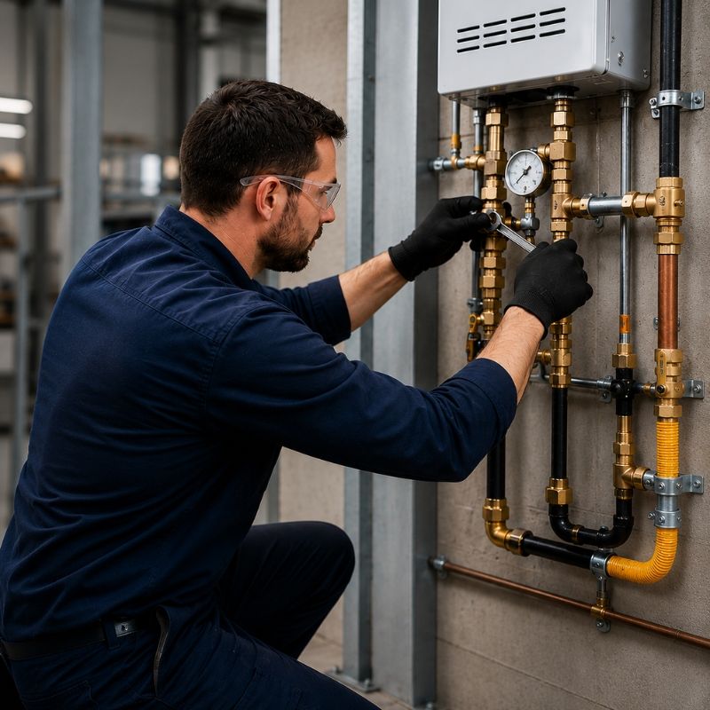 A qualified technician performing Gas Heater Fitting on a wall-mounted gas unit with pressure gauges and connected gas piping.