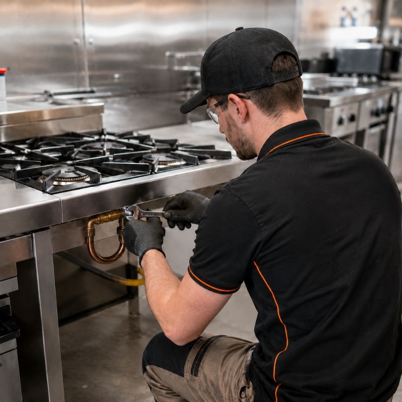 Commercial gas plumbing for a Sydney kitchen, gas cooktop being connected