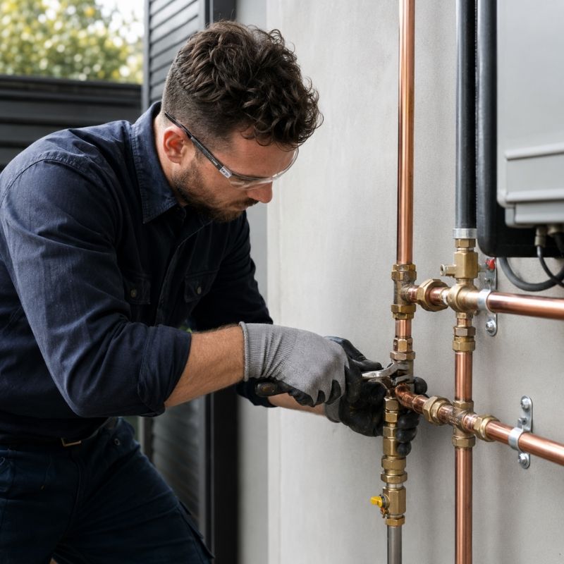 Licensed gas fitter installing copper gas pipework for gas plumbing Sydney service