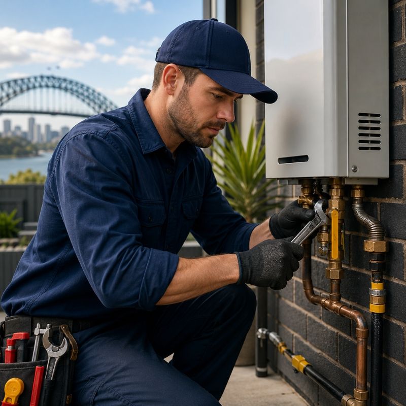 A licensed technician performing Gas Heater Fitting on an outdoor gas unit with connected copper piping beside a home.