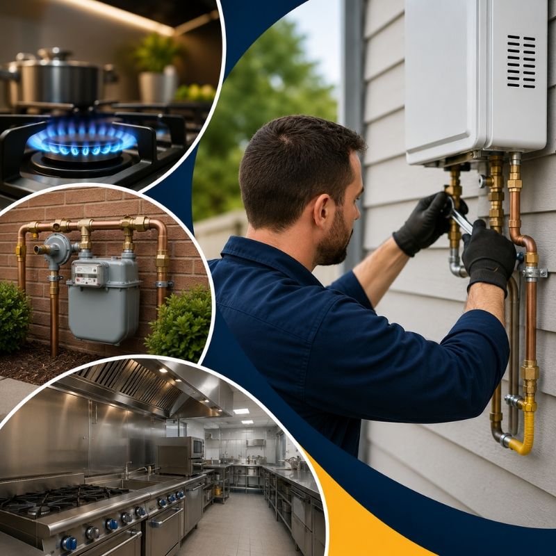 A technician performing Gas Heater Fitting beside a home, with inset images showing gas appliances, gas meter connections and commercial kitchen equipment.