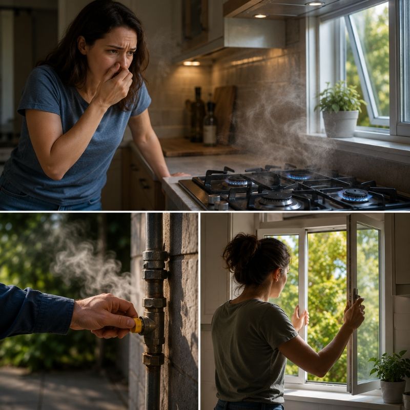 A homeowner reacting to a suspected gas issue, with images of a gas connection and ventilation related to Gas Heater Fitting.