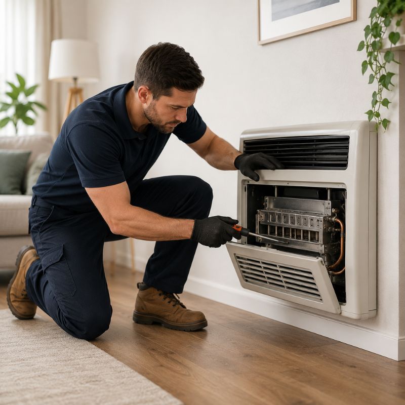 Apex gas fitter carrying out gas heater servicing on an indoor heater