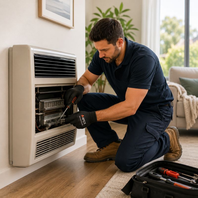 Apex gas fitter completing a gas heater repair in a Sydney home