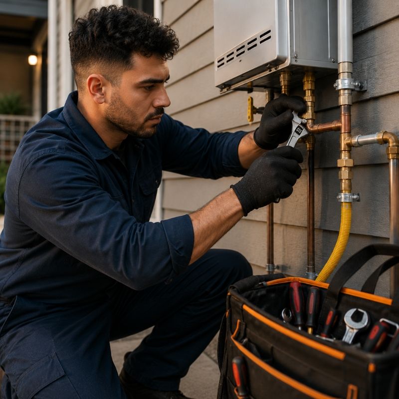 A technician using a spanner during Gas Heater Fitting on an outdoor gas unit connected to copper and gas piping.