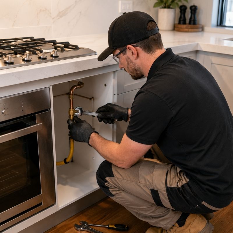 Licensed gas plumber working on residential gas line in Sydney kitchen