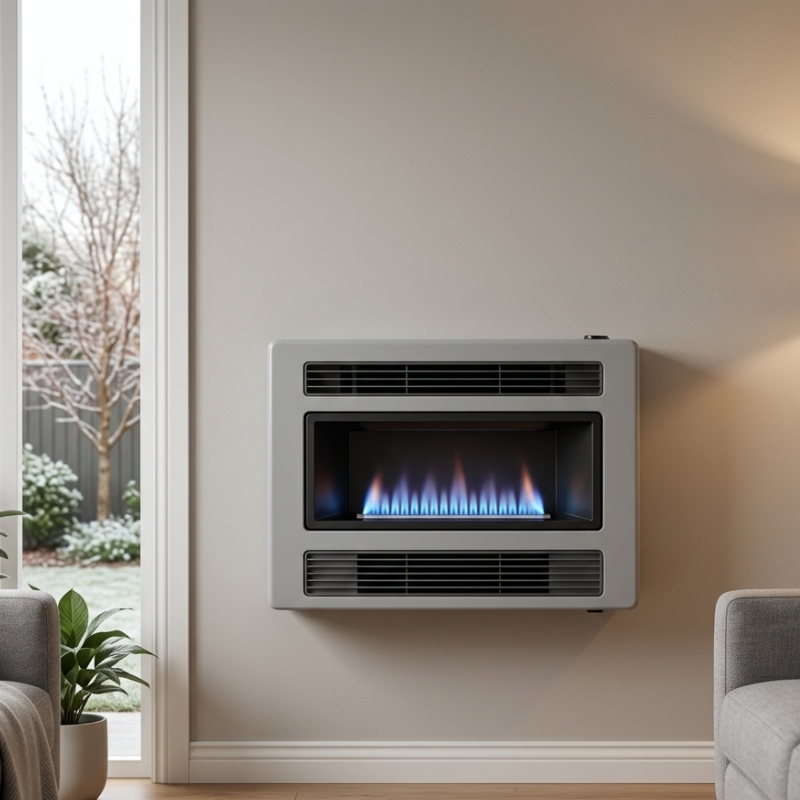 Early warning signs your gas heater needs professional attention with a wall-mounted gas heater showing a steady blue flame.