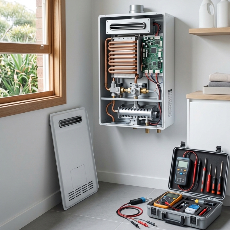 Gas heater service inspection of a wall-mounted heater with diagnostic tools for safe and efficient maintenance.
