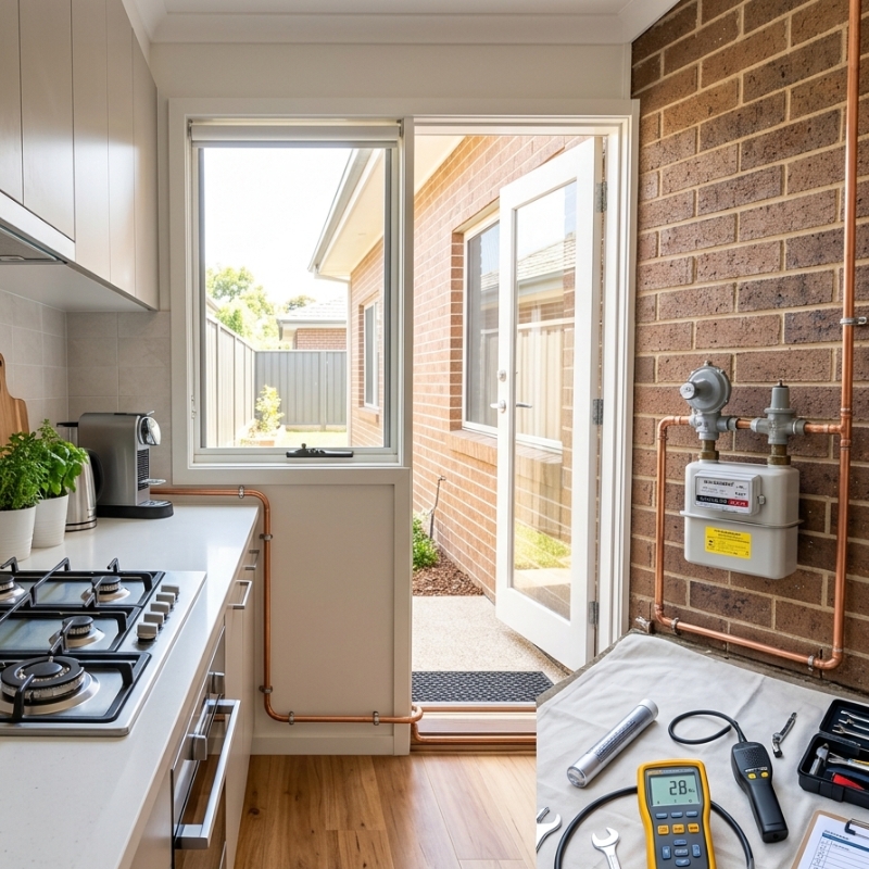 Gas cooktop and residential gas line inspection setup in an Australian home.