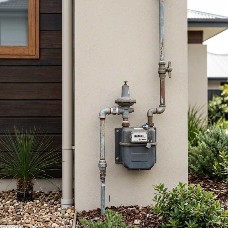 Residential gas meter and slightly corroded gas pipe on the exterior of a Sydney home.