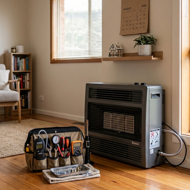 Gas heater inspection setup showing a home heating unit ready for annual safety servicing