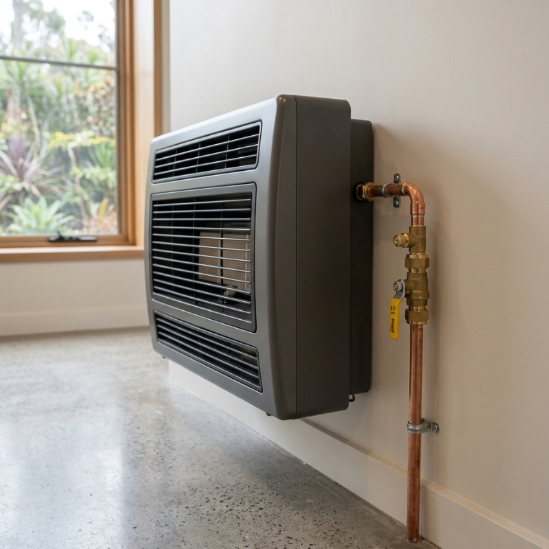 Licensed gas heater installation and gas pipework in a Sydney home