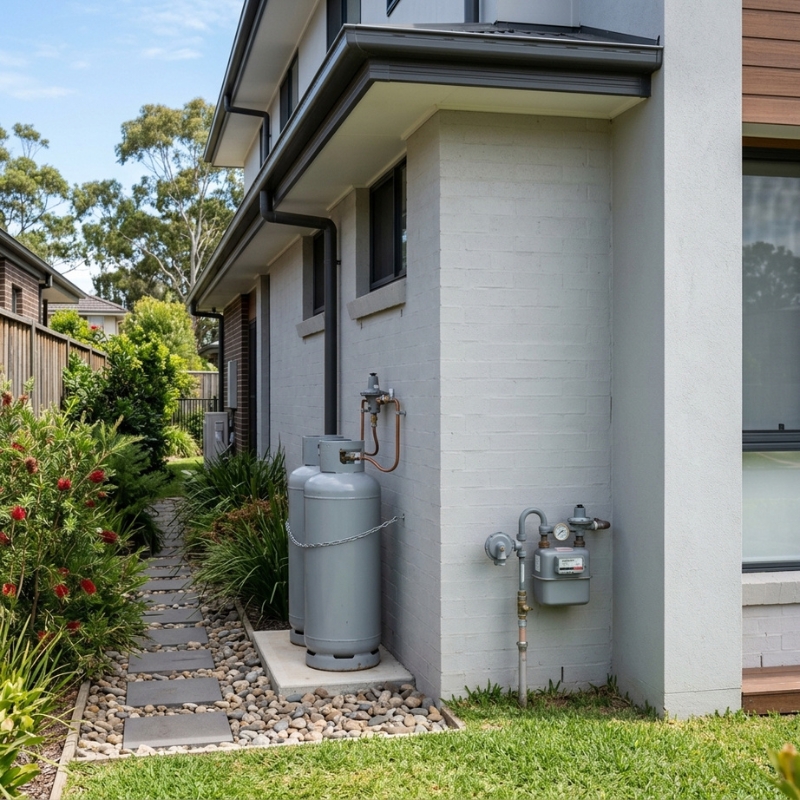 LPG gas bottles and natural gas meter at a Sydney home