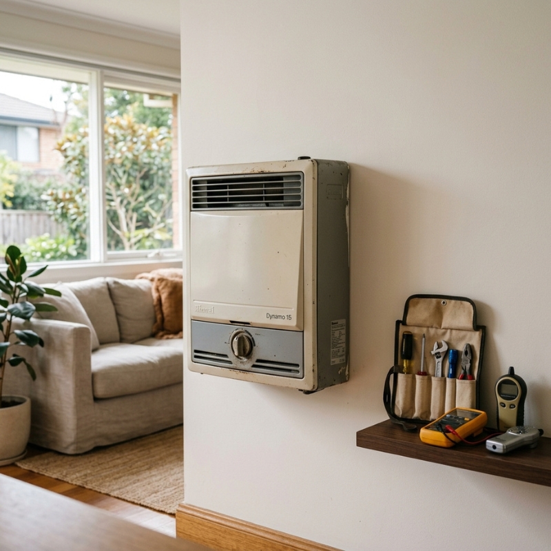 Ageing gas heater being assessed for repair or replacement